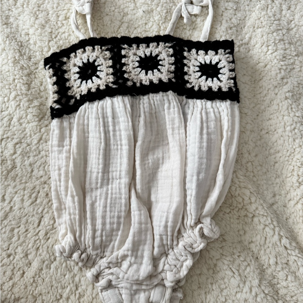 White and Black Crochet Trim Romper